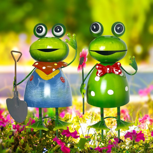 HONGLAND Garden Frog Statue Outdoor Decor - Cute Metal Frog Yard Art Sculpture - 3D Spring Frog Figurine Garden Statue for Lawn Patio Backyard Pathway Yard Garden Stake-2 Pcs