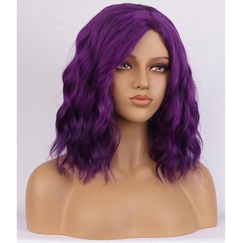 BERON 14" Women Girls Short Curly Wavy Bob Wig Rose Net with Wig Cap (Purple)