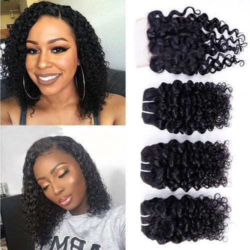 Odir Water Wave Bundles with 4x4 Closure Short Bob Curly Human Hair 10 10 10+10 Unprocessed Wet and Wavy Virgin Brazilian Hair 3 Bundles with Lace Closure 50g/bundle Natural Color