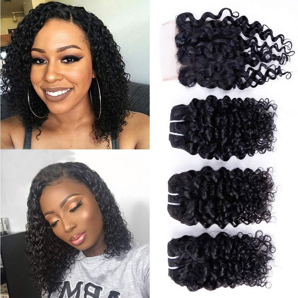 Odir Water Wave Bundles with 4x4 Closure Short Bob Curly Human Hair 10 10 10+10 Unprocessed Wet and Wavy Virgin Brazilian Hair 3 Bundles with Lace Closure 50g/bundle Natural Color
