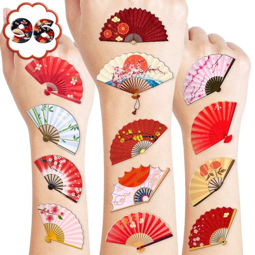 100 PCS Folding Fans Birthday Party Decorations Favors Supplies Hand Fans Japanese Chinese Temporary Tattoos Stickers Gifts Girls Boys Classroom School Prizes Reward