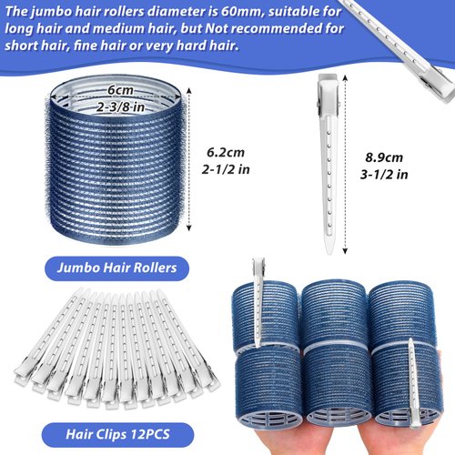 Jumbo Hair Curlers Rollers, 12Pcs Hair Roller Curlers Self Grip Holding Rollers with 12 Stainless Steel Duckbill Clips for Long Hair Volume (Navy Blue)