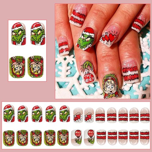 Christmas Fake Nails Short Square Press on Nails Full Cover Cute False Nails with Cartoon Heart Design Holiday Stick on Nails Glossy Cute Artificial on Nails for Winter Xmas Manicure Decoration 24Pcs