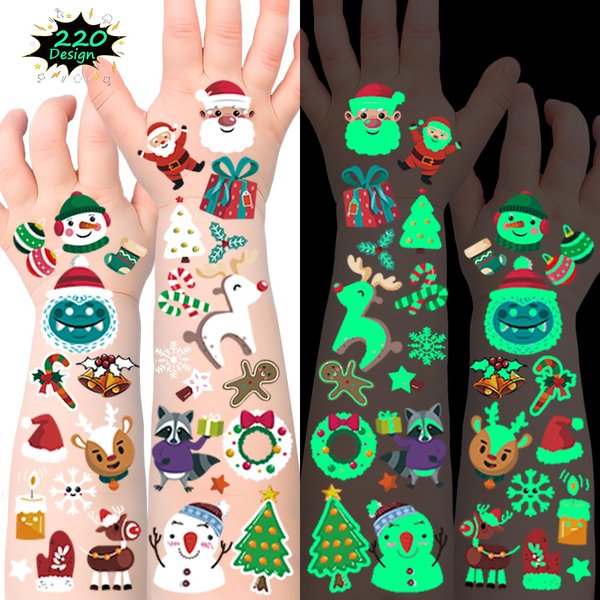220 Styles Christmas Tattoos for Kids Temporary Glow in the Dark Tattoos Luminous Fake Temp Stickers Christmas Stocking Stuffers Gifts Party Decorations Favors Supplies Birthday Party 20 Sheets