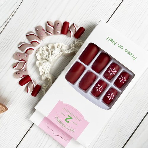 Square Christmas Press on Nails Medium length Acrylic Fake Nails with Nail Glue Matte Artificial False Nails Snowflake Sled Stripe Design Stick on Nails for Women Girls Manicure Decorations 24Pcs（Red）