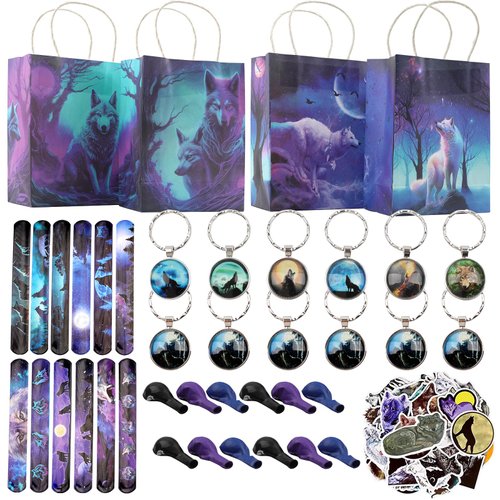 LITGURU 98 pcs Halloween Wolf Party Favors For Kids -Wolf Birthday Party Favors with Wolf Storage Bag Balloons Keychains Clapping Wristbands and Wolf Stickers for Wolf Party Decorations and Halloween