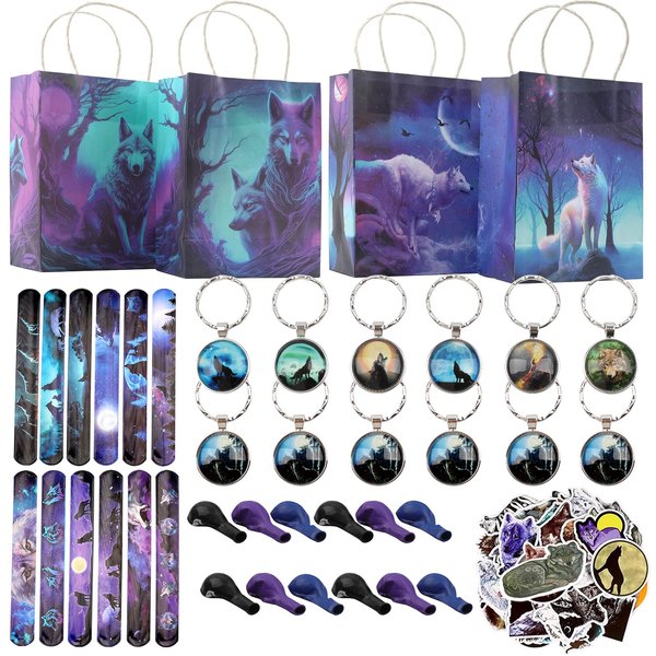 LITGURU 98 pcs Halloween Wolf Party Favors For Kids -Wolf Birthday Party Favors with Wolf Storage Bag Balloons Keychains Clapping Wristbands and Wolf Stickers for Wolf Party Decorations and Halloween