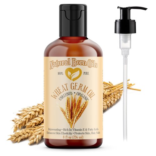 Natural Born Oils Wheat Germ Oil, 8oz, Organic, Cold-Pressed, Unrefined, Vitamin E Powerhouse, Ideal for Moisturizing Skin, Strengthening Hair