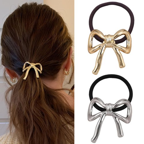 Metal Bow Hair Tie Ponytail Holders Hair Cuff Gold & Silver Metal Hair Ties Scrunchies Hair Accessories for Women Hair Elastic Rubber Bands for Hair No Damage 2 PCS (style-01)