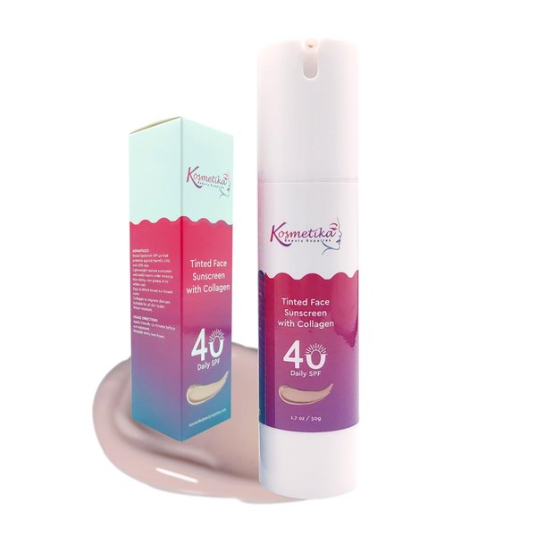 Kosmetika | Tinted Face Sunscreen with Collagen | Daily SPF 40 | 1.7oz / 50g | UVA & UVB Protection | Non-sticky & Non-greasy | All Skin Types | Water-resistant | No White Cast