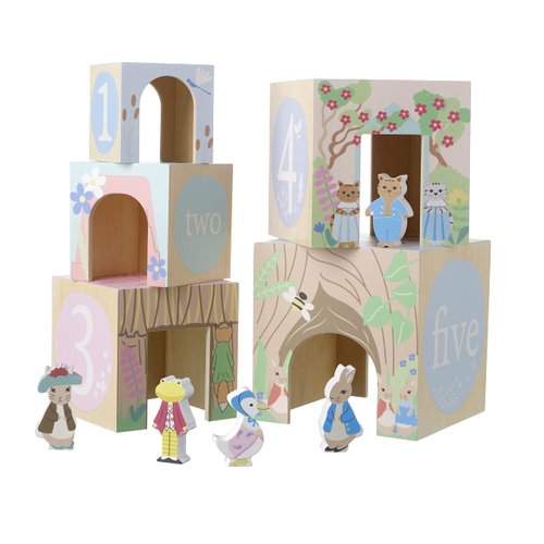 Orange Tree Toys Peter Rabbit: Wooden Stacking Cubes - 5 Numbered Stacking Cubes & 5 Beatrix Potter Character Figures, Stack & Play, Licensed, Toddler & Kids Age 18mo+