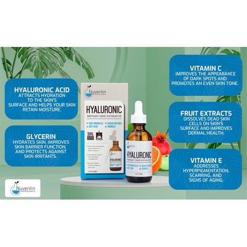 Nuventin Hyaluronic Acid Serum Anti Aging Skin Care Facial Booster For Face - Hydro-Boost Moisturizer Booster W/Vitamin C & Vitamin E For Wrinkles, Fine Lines, Dark Spots, & Dry Skin, 1.75 Fl Oz
