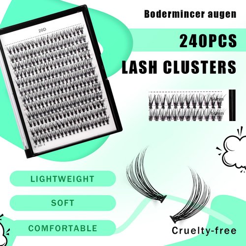 Bodermincer Black Cluster Lashes 240pcs 20D/40D DIY Eyelash Extension D Curl Long Individual Lashes Mixed Tray Faux Mink Lash Clusters Extensions 8-22mm (20D-13mm)