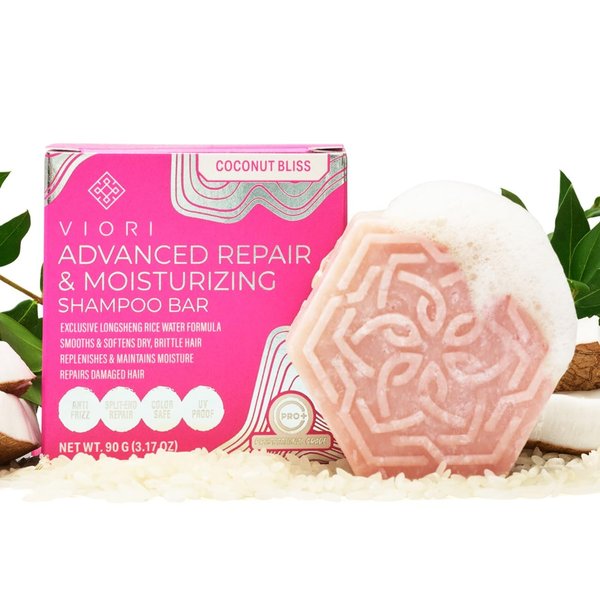 Viori Coconut Bliss Advanced Repair and Moisturizing Shampoo Bar - Made with Rice Water for Hair Growth - Handcrafted Sulfate Free Shampoo