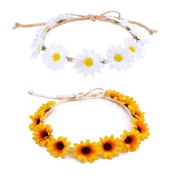 ShiQiao Spl Sunflower Crown Flower Headbands Wreath for Women Girls White Daisy Flower Headband Bridal Headpiece Party Festivals Head Band Hair Accessories 2pcs