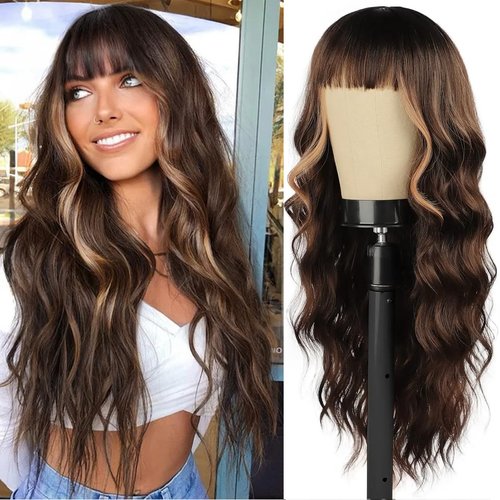 Long Brown Wigs with Bangs 26 Inches Synthetic Wigs Long Wavy Ombre Brown Mixed Blonde Highlight Wig for Women Synthetic Resistant Wigs for Daily Party Use (26inch, R2/6-26)