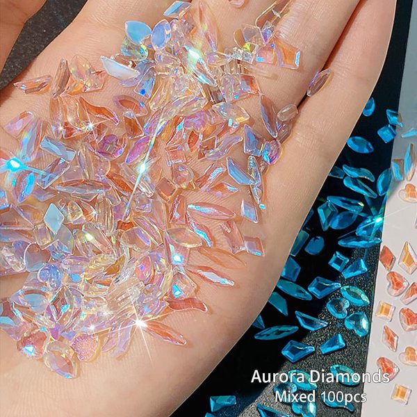 100Pcs Aurora Nail Art Rhinestones Multi Shapes 3D Glass AB Crystal For Nail Art Craft Decoration, Mix 10 Style Flat Back Crystals Charm Gem Stone