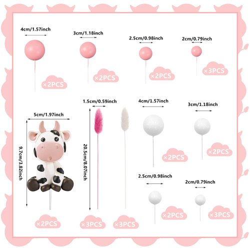 KEEPARTY Cow & Ball Cake Toppers, 26pcs, Farm Animal Themed, Clay, Pink and White, for Baby Shower, Birthday, Girls and Boys Party Supplies