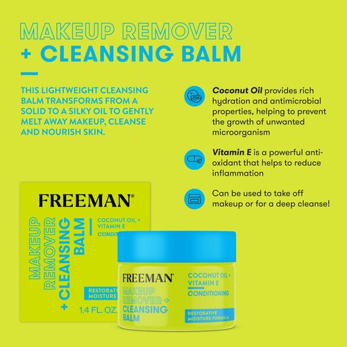 Freeman Makeup Remover + Cleansing Balm, Moisturizing & Nourishing Makeup Remover Balm, Coconut Oil & Vitamin E, Gently Removes Tough Makeup & Cleanses, 1.4 fl.oz./ 42 mL Jar, 1 Count