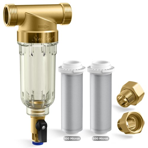 SimPure 100/500 Micron Spin Down Sediment Filter, Reusable Whole House Sediment Water Filter, Pre-Filtration System for City/Well Water, 1" MNPT + 3/4" FNPT + 3/4" MNPT, BPA Free