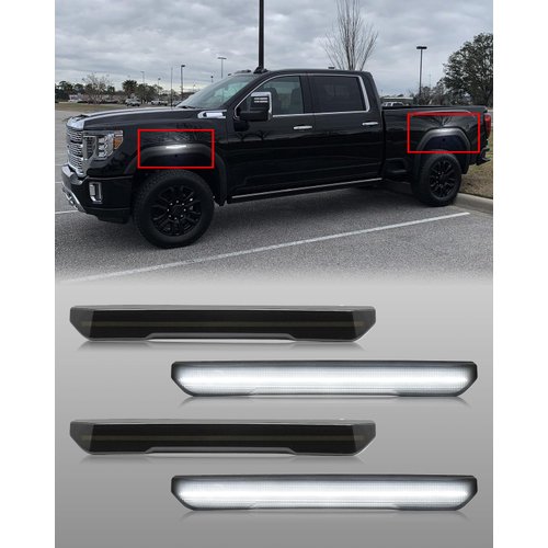 4Pcs Front & Rear LED Side Marker Light Compatible with Sierra 2500HD 3500HD 2020-2024 Pickup Side Parking Position Lamp Driver Passenger Front Rear Turn Signal Lamp (Smoked Lens Full White Light).