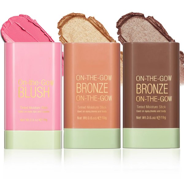 3 PCS Multi-Use Makeup Countor Stick, Cream Blush Stick, Highlighter Stick, Tinted Solid Moisturizer Stick for Face & Eyes & Lips, Waterproof Natural Nude Makeup, Suitable for All Skin