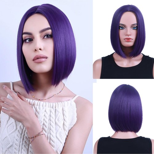 PATTNIUM Dark Purple Bob Wig for Women Short Straight Purple Wig with Bangs Short Purple Bob Hair Wigs Heat Resistant Synthetic Wig with Wig Cap