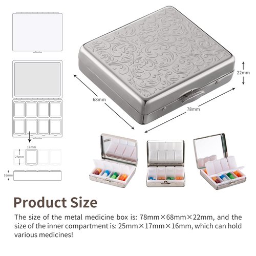 Portable Metal Travel Medicine Box/8 Compartments (Silver)