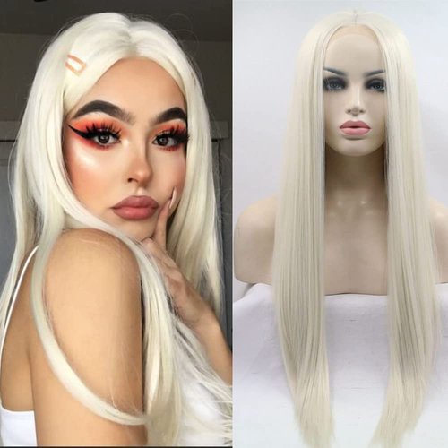 Sylvia 24" Platinum Blonde 13 * 4 Lace Front Wigs Long Straight Lace Front Wig Middle Parting 180% Density Half Hand Tied Heat Resistant Fiber Hair For Women
