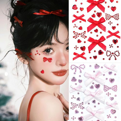 2 Sheets Heart Shaped Face Tattoo Stickers Happy New Year Glitter Gems Stickers with Red Pink Ribbon Bow Crystals Gem for Valentine Birthday Party Face Decoration