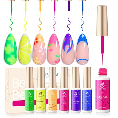 Beetles Nail Art Gel Liner Nail Polish Set - 6 Neon Gel Nail Polish Colors Hot Pink Orange Blue Yellow Paint for Nails Built Thin Brush in Bottle Soak off Uv LED Lamp Halloween Nails
