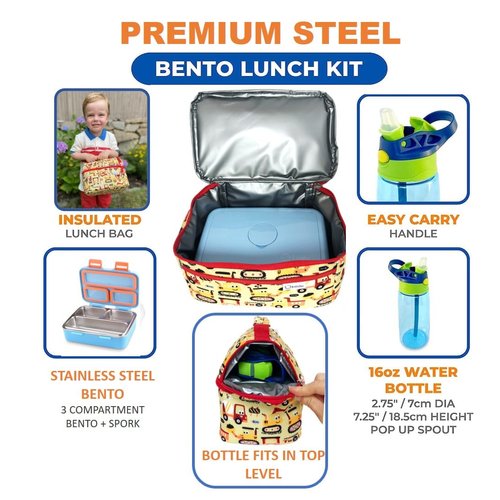 kinsho Stainless Steel Bento Box for Toddler Boys, Insulated Lunch Bag and Water Bottle Set for Toddlers. Snack Container for Small Kids, Baby Daycare or Pre-School Lunches, Blue Yellow Trucks