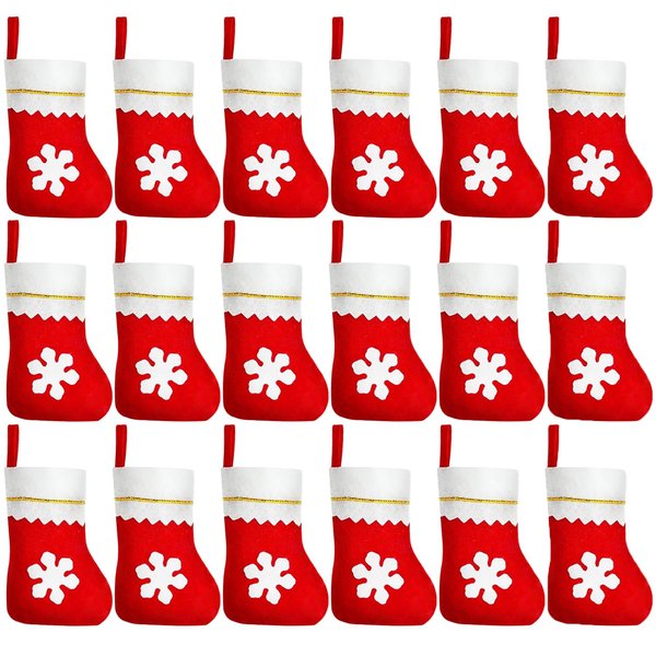 24 Pack Small Red Christmas Ornaments, 8 Inch Mini Christmas Stockings for Christmas Tree, Snowflake Printed Small Stocking Bulk Party Supplies Gifts Treat Stuffers Pouch Bags Christmas Hanging Socks