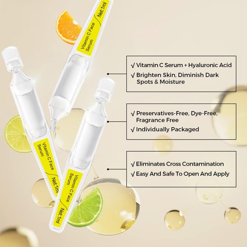 Vitamin C Serum for Face with Hyaluronic Acid, Glutathione, Organic Aloe Vera, Hydrating & Brightening Serum, Dark Spot Remover, Anti Aging Facial Serum, 15 Pcs/Box Ampoules