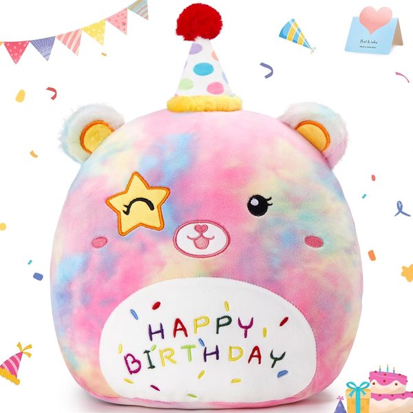 Athoinsu 12" Happy Birthday Bear Plush Pillow Cute Rainbow Stuffed Animal Soft Kawaii Birthday Plushie Star Wink Funny Pillows Home Room Decoration Gifts for Toddlers Kids Girls