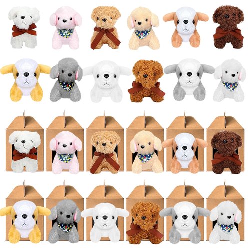 Jiytivity 24 Pcs Dog Party Favors Include 12 Mini Plush Dogs Stuffed Puppy and 12 Foldable Kraft Puppy Boxes for Adopt A Puppy Party Favors Adopt A Pet Kids Dog Party Supplies Gifts