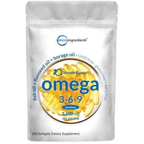 Ultra Omega 3-6-9 3600mg Perserv, 300 Burpless Softgels | Lemon Flavor – Blend of Fish, Flaxseed, Borage Oils | Bioavailable Source, Non-GMO, No Gluten, Mercury Free