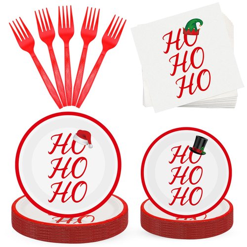 Lounsweer 96 Pcs Christmas Party Supplies Paper Plates and Napkins Disposable Dinnerware Set Include Christmas Plates Napkins Forks for Xmas Holiday Table Decorations 24 Guests(Hohoho)