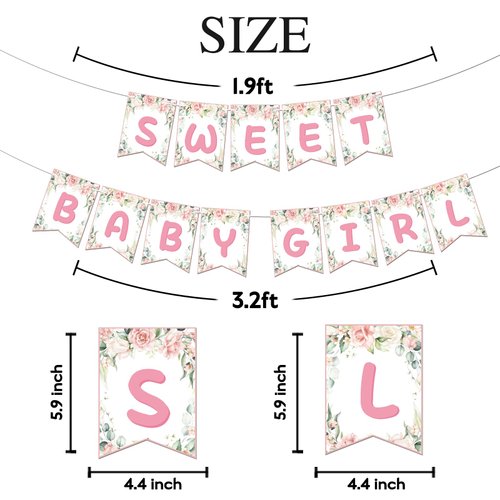 Kaakswa Sweet Baby Girl Banner, Baby Shower Gender Reveal Party Banner For Girls, Sweet Pink Floral Flowers First Birthday party supplies