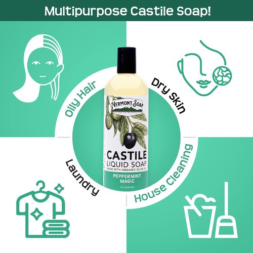 Vermont Castile Soap Peppermint, Gentle Liquid Soap for Sensitive Skin & Natural Body Wash, Organic Hair Shampoo for Oily Hair, Aloe Castile Soap for Men & Women - 16 Oz