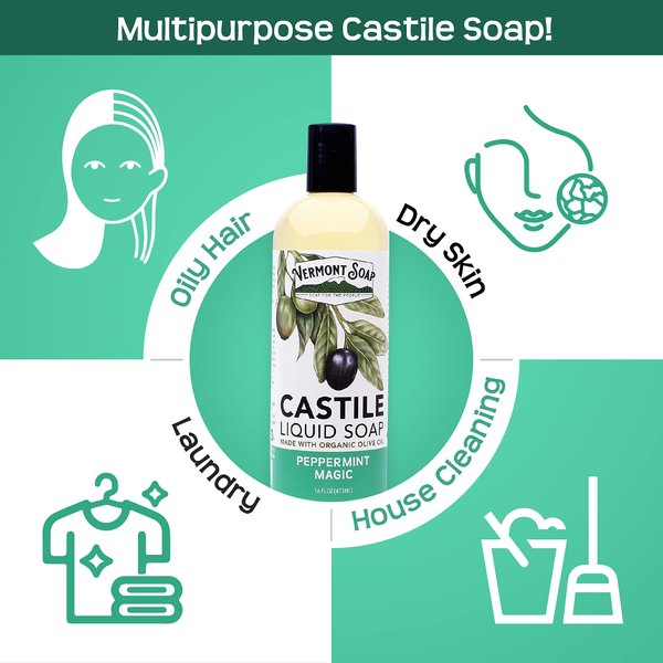 Vermont Castile Soap Peppermint, Gentle Liquid Soap for Sensitive Skin & Natural Body Wash, Organic Hair Shampoo for Oily Hair, Aloe Castile Soap for Men & Women - 16 Oz