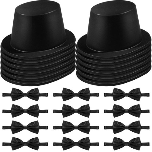 SATINIOR Magician Costume Headwear Set, Includes 12 Pieces Black Top Hat and 12 Bow Ties, Adjustable Length Bow Ties for Party, Costume Accessories for Halloween, Cosplay, Stage Performances, Black