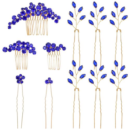 inSowni 11 Pieces Vintage Party Prom Wedding Bridal Rhinestone Hair Side Combs+U-shaped Hair Pins Accessories for Brides Bridesmaids Women Girls (Royal Blue)