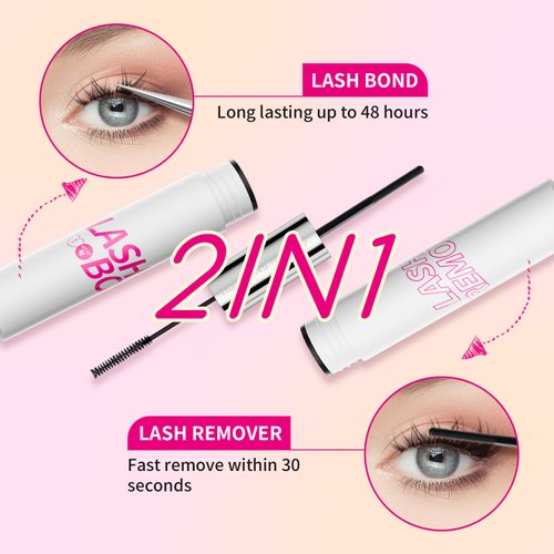 MLEN DIARY Lash Bond and Remover, 2 in 1 Cluster Lash Glue and Lash Glue Remover 24 Hours Long Lasting Super Strong Hold Waterproof Non-Irritating Lash Extensions Adhesive, Fast Removal No Residue