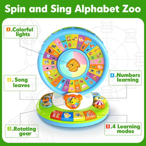 Toys for 1 2 3 Year Old Boy Girl, Musical Spin and Sing Alphabet Zoo, Learning Toys for Toddlers 1-3, Educational Interactive Toys, Christmas Birthday Gift for Baby Boys Girls Age 6-9-12-18 Months
