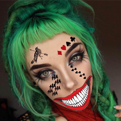 12 Sheets The Joker Tattoos, 4 Sheets Damaged Tattoo Joker Hand Halloween Face Makeup Kit, 8 Sheets Small Fake Temporary Tattoo Stickers Devil Death Skull Bat Spider Web Ghost Skeleton