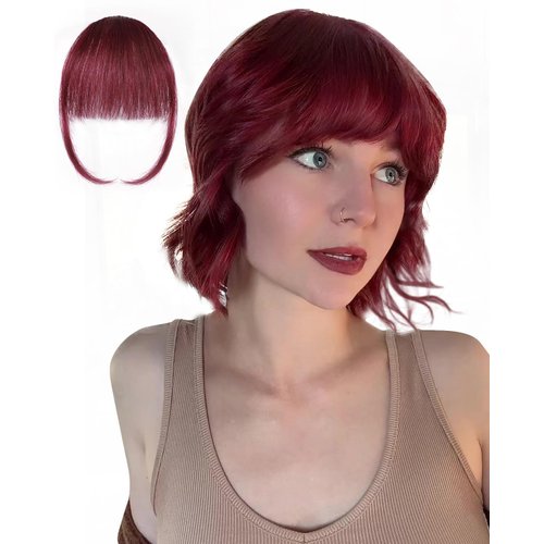 Rosooi Curtain Bangs Human Hair Clip in Bangs for Women Wine Red Color Fake Air Bangs for Daily W...