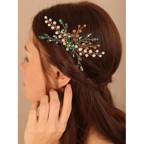 Xerling Wedding Hair Comb Emerald Hair Accessories for Bride Bridal Green Rhinestone Headpiece Vintage Pearl Crystal Hair Comb for Women (Emerald)