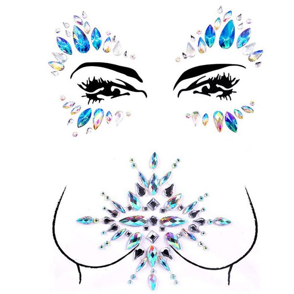 2 Packs Rhinestone Face Breast Body Jewels Festival Rave,Mermaid Face Gems Glitter, Self-adhesive Eyes Eyebrow Bindi Tears Breast Chest Body Rainbow Crystal Acrylic Diamond Temporary Tattoo Stickers