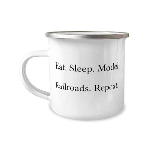 Sarcastic Model Railroads Gifts, Eat. Sleep. Model Railroads. Repeat, Gag 12oz Camper Mug For Friends, From Friends, Model trains, Train sets, Toy trains, Electric trains, train set, Ho scale trains,